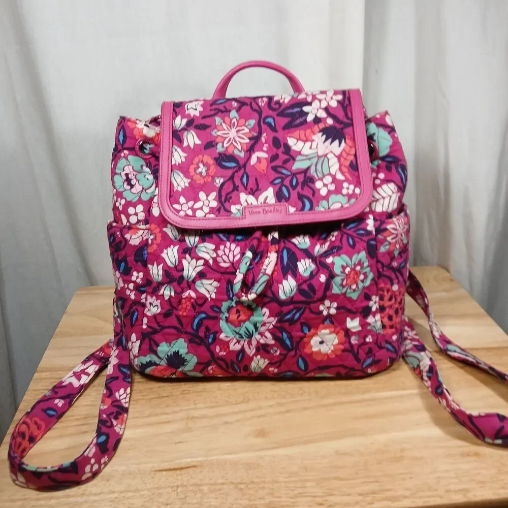 Vera Bradley Bloom Berry Floral Backpack Silver Toned Hardware 10